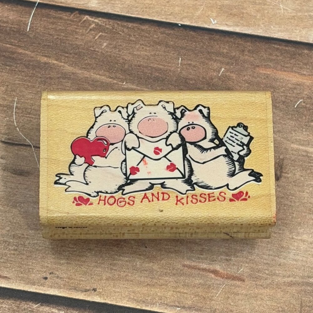 2002 RUBBER STAMPEDE 631D HOGS & KISSES WOOD MOUNTED RUBBER STAMP PIG LOVE